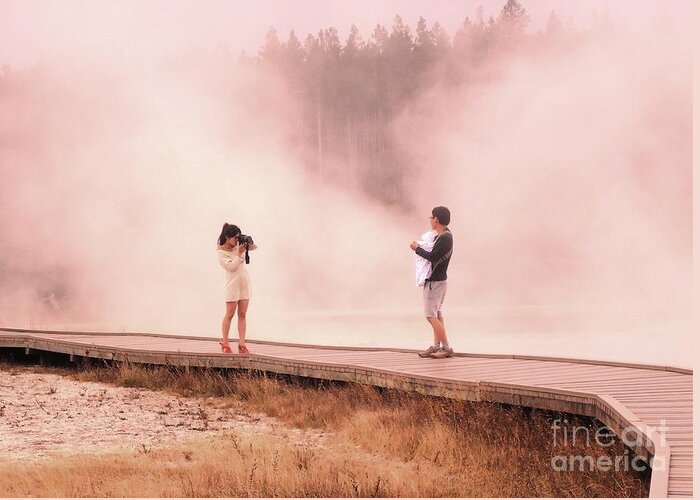 Visit Greeting Card featuring the photograph Catching the Steam in Yellowstone by Ann Johndro-Collins