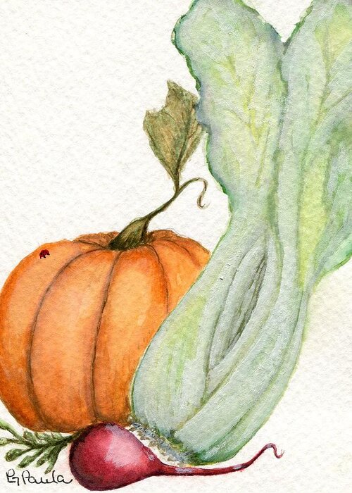 Pumpkin Greeting Card featuring the painting Celery Dish by Paula Greenlee