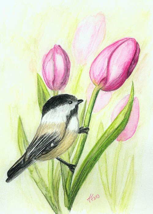Bird Greeting Card featuring the drawing Chickadee by Tatiana Fess