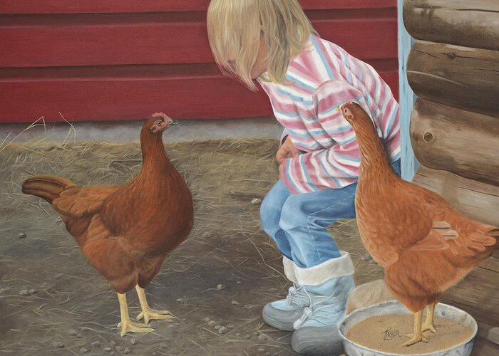 Girl And Chickens Greeting Card featuring the painting Chicken Talk by Tammy Taylor