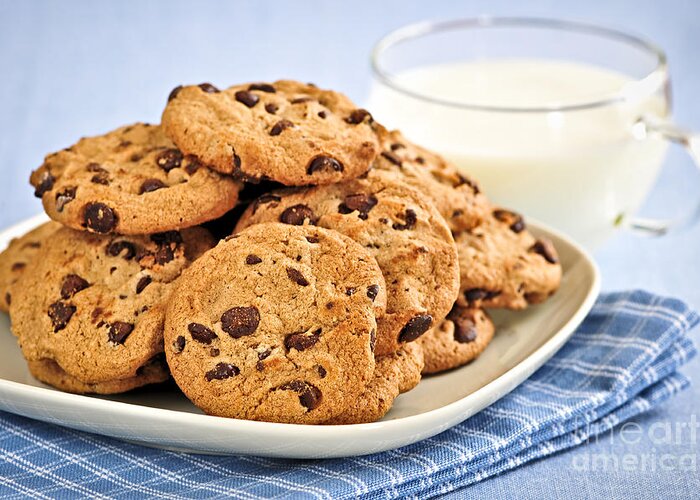 Cookies Greeting Card featuring the photograph Chocolate chip cookies and milk 2 by Elena Elisseeva