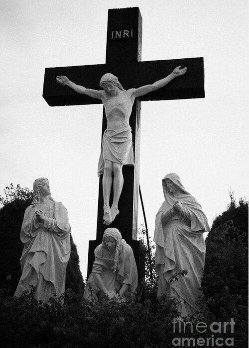 Knock Greeting Card featuring the photograph Christ On The Cross Crucifix Statue Knock Marian Shrine County Mayo Republic Of Ireland by Joe Fox