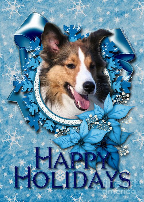 Sheltie Greeting Card featuring the digital art Christmas - Blue Snowflakes Sheltie by Renae Crevalle
