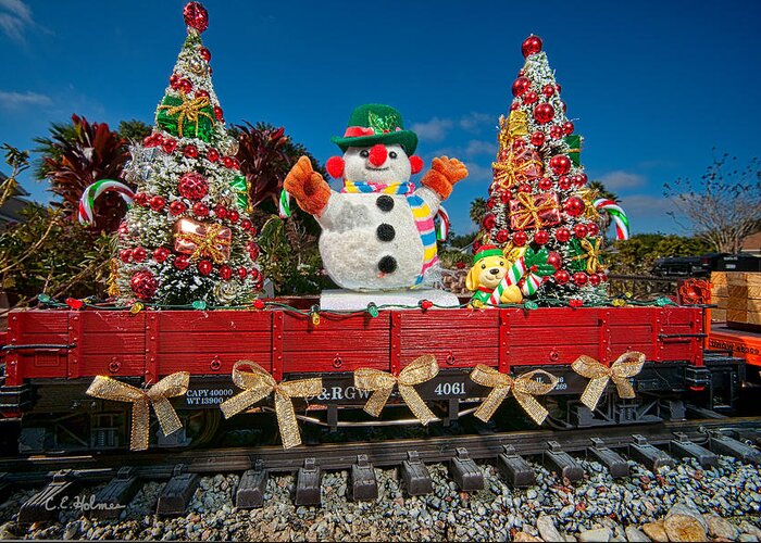 Snowman Greeting Card featuring the photograph Christmas Snowman On Rails by Christopher Holmes