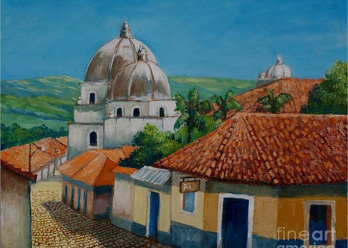 Church Greeting Card featuring the painting Church of Pespire in Honduras by Jean Pierre Bergoeing