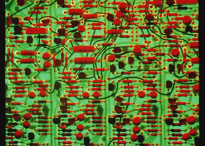 Circuit Board Greeting Card featuring the photograph Circuit Board Showing Its Electronic Components by Damien Lovegrove