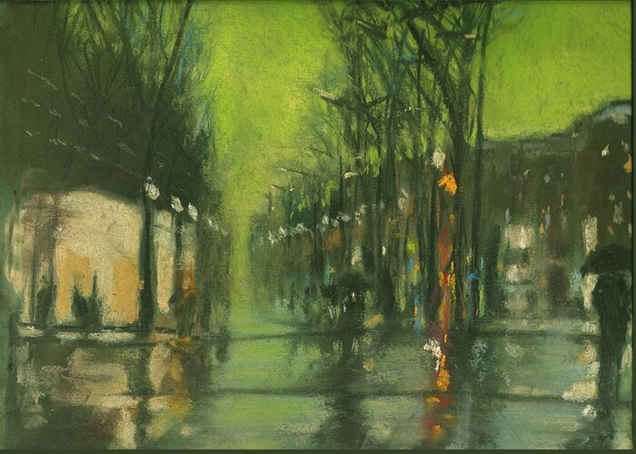 City Greeting Card featuring the pastel City Rain 6 by Paul Mitchell