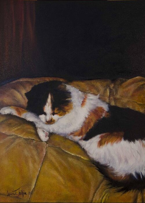 Cat Greeting Card featuring the painting Cleo on the Blanket by Laurie Tietjen