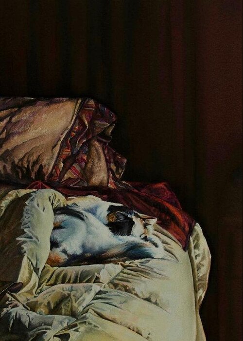 Cat Greeting Card featuring the painting Cleo Sleeping on the Bed by Laurie Tietjen