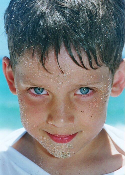 1 Person Only Greeting Card featuring the photograph Close Up Of Boy Covered In Sand by Michelle Quance