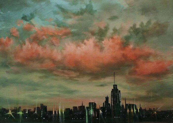  City At Night Greeting Card featuring the painting Cloud Over The City by Tom Shropshire