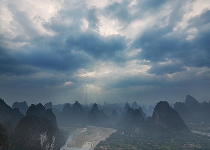 Guangxi Greeting Card featuring the photograph Cloudy Sunset in Guilin Guangxi China by Afrison Ma
