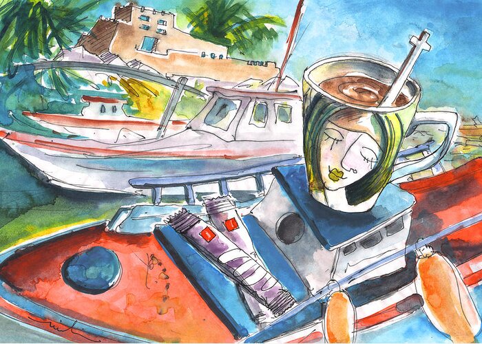 Travel Art Greeting Card featuring the painting Coffee Break in Sitia in Crete by Miki De Goodaboom