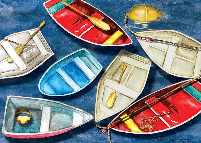 Water Greeting Card featuring the painting Colorful Boats by Anne Beverley-Stamps