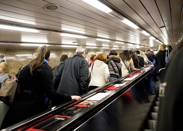 Claustrophobic Greeting Card featuring the photograph Commuters On Escalators In Prague Metro by Mark Williamson