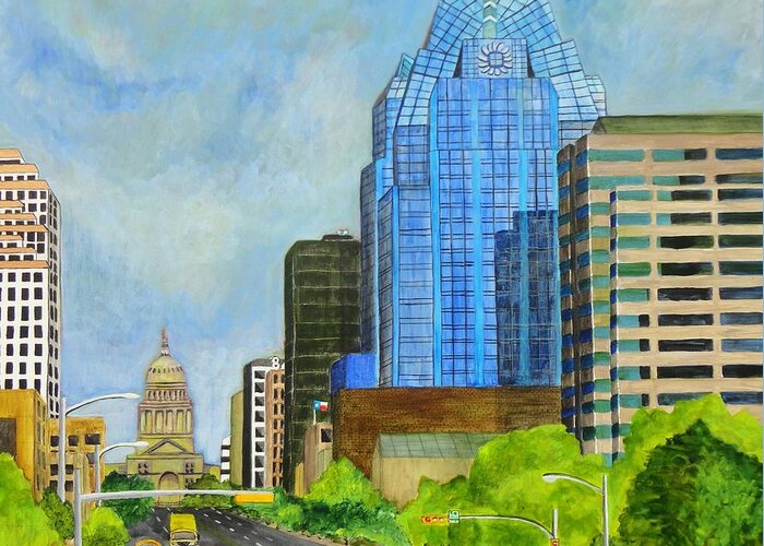 City Scape Greeting Card featuring the painting Congress Avenue Austin Texas by Manny Chapa