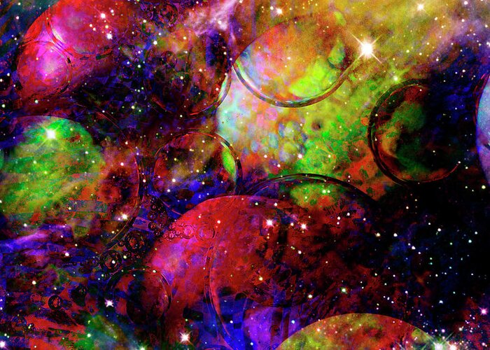Planets Greeting Card featuring the digital art Cosmic Confusion by Barbara Berney