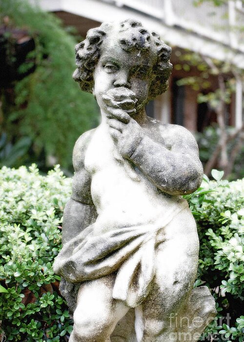 Travelpixpro New Orleans Greeting Card featuring the photograph Courtyard Statue of a Cherub Smelling a Rose French Quarter New Orleans Diffuse Glow Digital Art by Shawn O'Brien