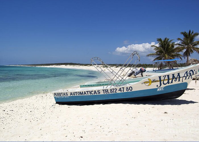 Travelpixpro Cozumel Greeting Card featuring the photograph Cozumel Mexico Fishing Boats on White Sand Beach by Shawn O'Brien