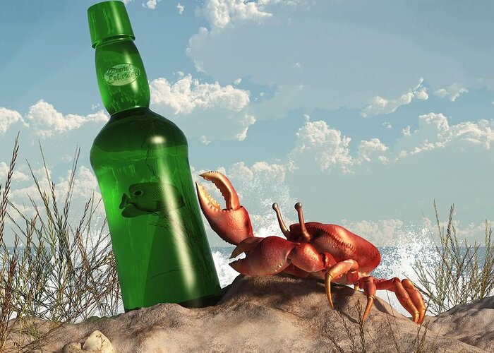 Sand Crab Greeting Card featuring the digital art Crab with Bottle on the Beach by Daniel Eskridge