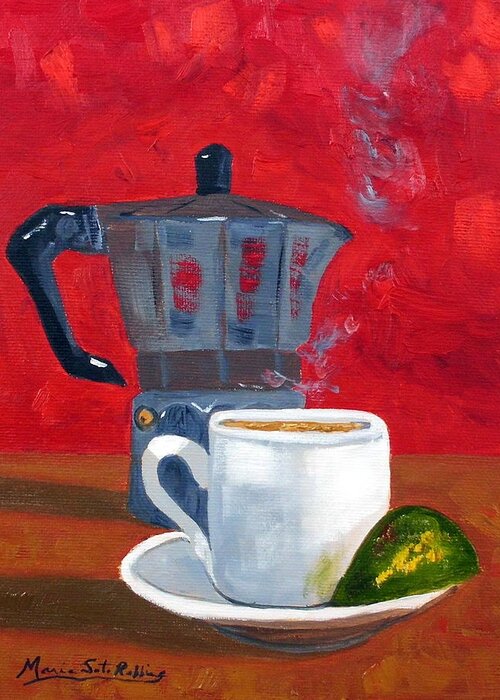 Cuban Coffee Greeting Card featuring the painting Cuban Coffee and Lime Red 62012 by Maria Soto Robbins