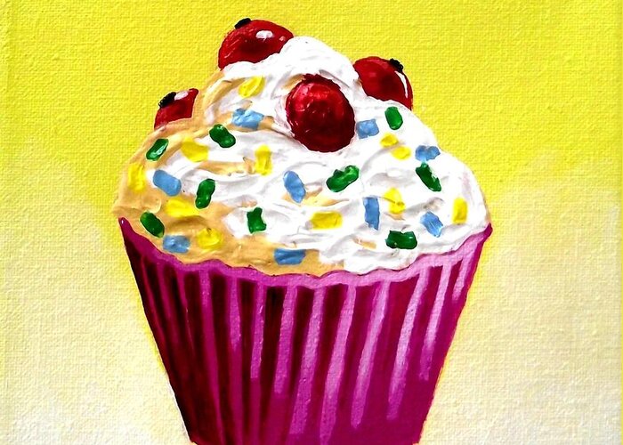 Cupcake Greeting Card featuring the painting Cupcake With Cherries by John Nolan