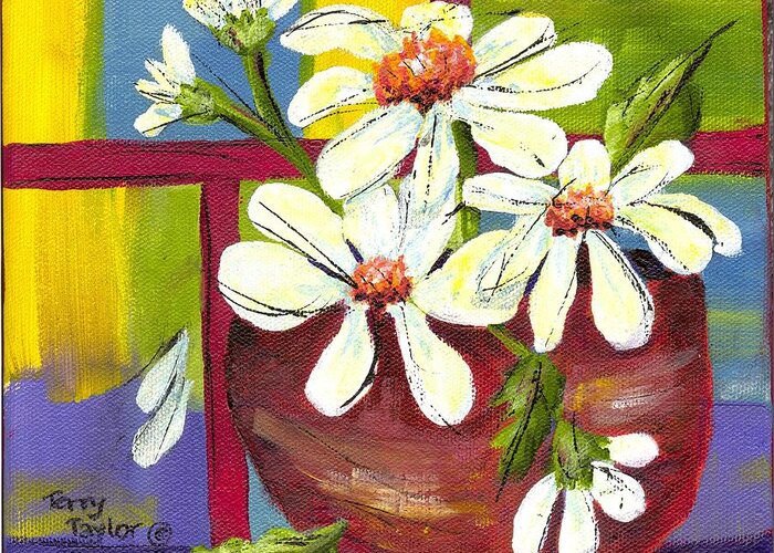 Daisies Greeting Card featuring the painting Daisies in a Red Bowl by Terry Taylor