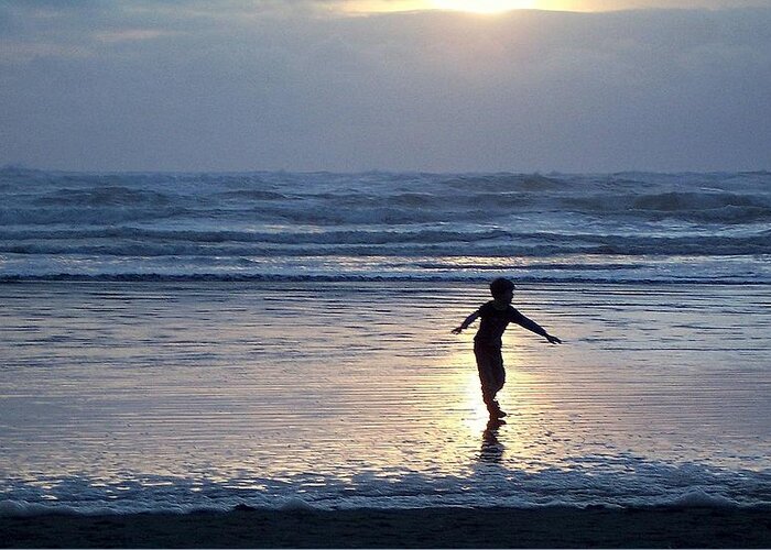 Beach Greeting Card featuring the photograph Dancing Boy at Sunset by Peter Mooyman