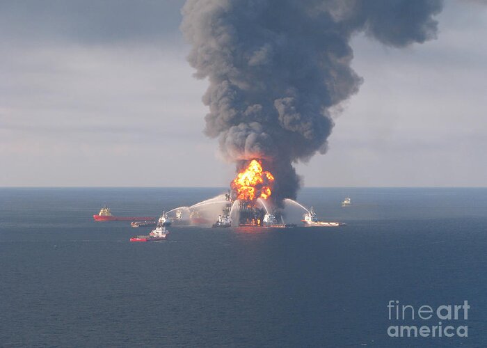 Oil Spill Greeting Card featuring the photograph Deepwater Horizon Fire, April 21, 2010 by Science Source