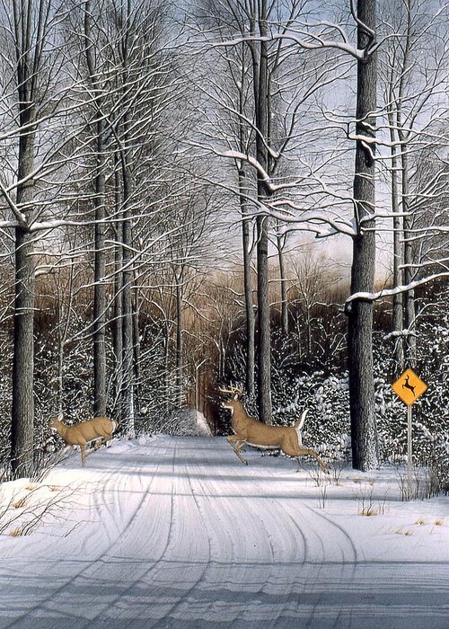 Wooded Landscape Greeting Card featuring the painting Deer Crossing by Conrad Mieschke