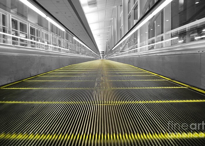 Airport Greeting Card featuring the photograph DFW Airport Walkway Perspective Color Splash Black and White by Shawn O'Brien