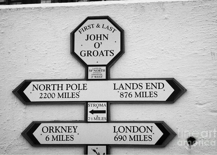 Distance Greeting Card featuring the photograph distance signs at the first and last shop John OGroats scotland uk by Joe Fox