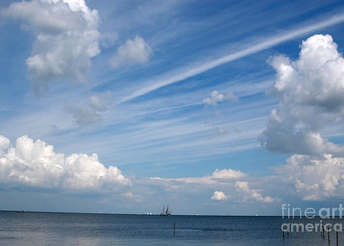Painterly Sky Blue Clouds Pattern Speed Wind Boat Yacht Horizon  Greeting Card featuring the photograph Drama in the sky by Vilas Malankar