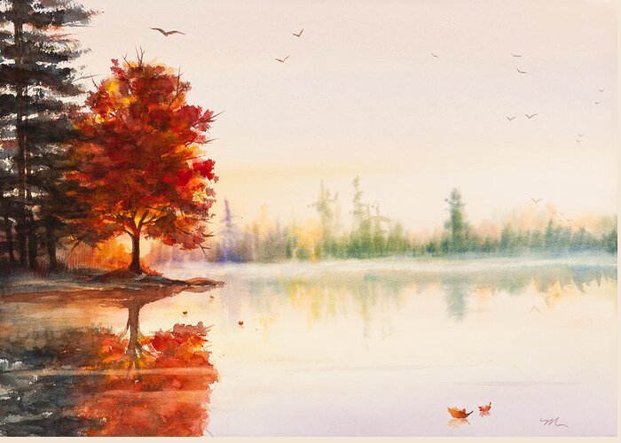 Autumn Greeting Card featuring the painting Early Autumn Reflections Watercolor Painting by Michelle Constantine