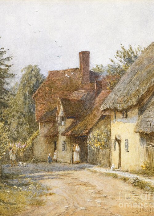 Village; Street Scene; Cottage; Cottages; English; Landscape; Rural; 19th; 20th; Victorian Greeting Card featuring the painting East Hagbourne Berkshire by Helen Allingham
