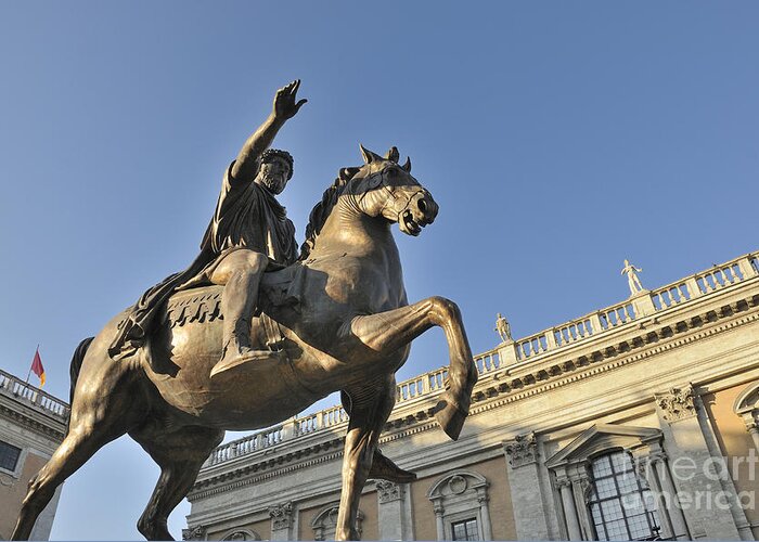 Architecture And Art Greeting Card featuring the photograph Equestrain statue of Emperor Marcus Aurelius in Piazza del Campidoglio.Capitoline Hill. Rome. Italy. by Bernard Jaubert