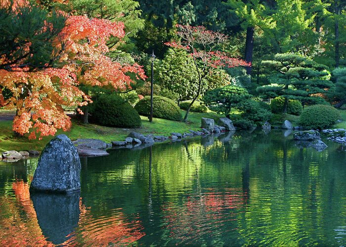 Botanical Greeting Card featuring the photograph Fall Reflections Japanese Gardens by Vicki Hone Smith