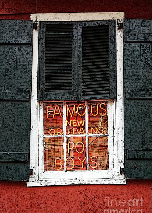 Travelpixpro New Orleans Greeting Card featuring the digital art Famous New Orleans PO BOYS Red Neon Window Sign Poster Edges Digital Art by Shawn O'Brien