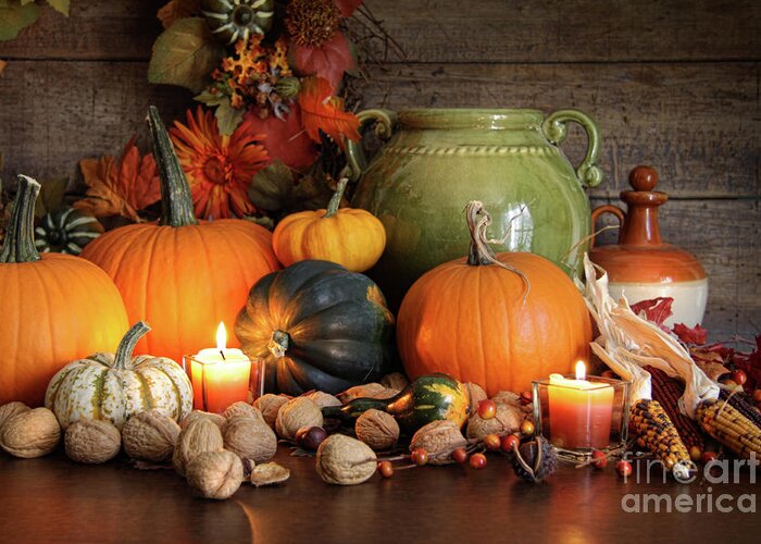 Acorn Greeting Card featuring the photograph Festive autumn variety of gourds and pumpkins by Sandra Cunningham