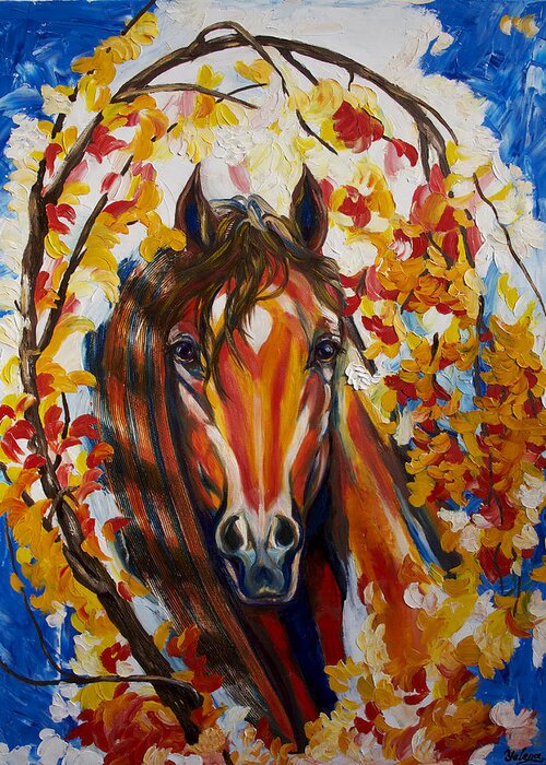 Horse Greeting Card featuring the painting Firefall Horse by Yelena Rubin