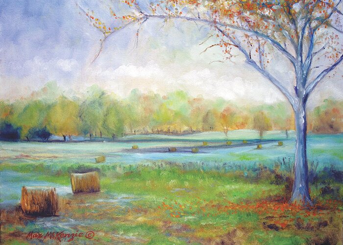 Farm Land In Frost.fall Day In The Hay Field. Greeting Card featuring the painting First Frost by Max Mckenzie