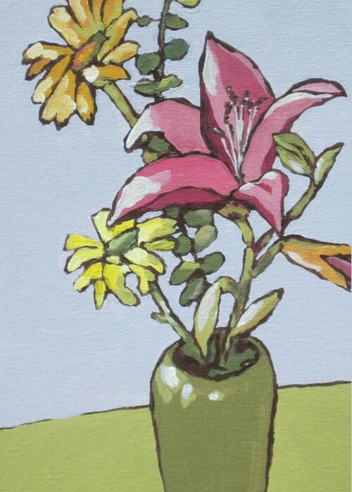 Flowers Greeting Card featuring the painting Flowers in Green Vase by Sandy Tracey