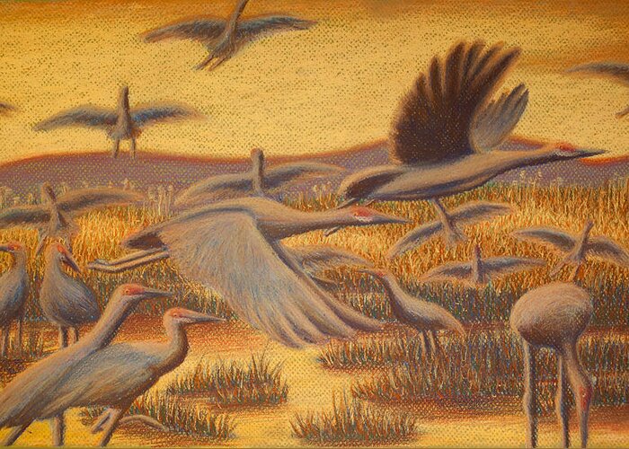 Sandhill Cranes Greeting Card featuring the painting Fly Away by Thomas Maynard