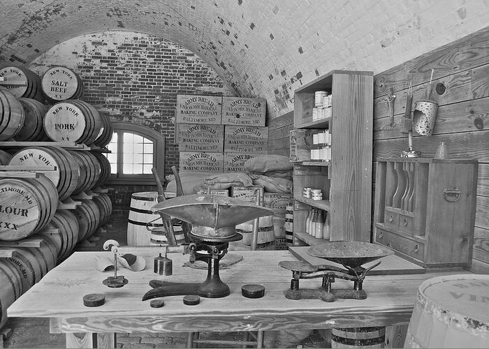 Antique Greeting Card featuring the photograph Fort Macon supply room BW 9071 by Michael Peychich