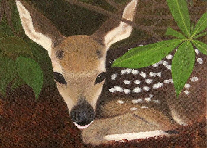Fawns Greeting Card featuring the painting Found a Fawn by Janet Greer Sammons