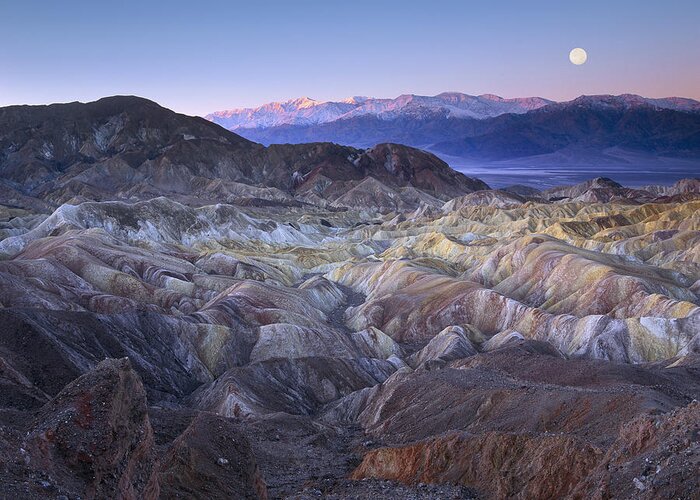 00176006 Greeting Card featuring the photograph Full Moon Rising Over Zabriskie Point by Tim Fitzharris