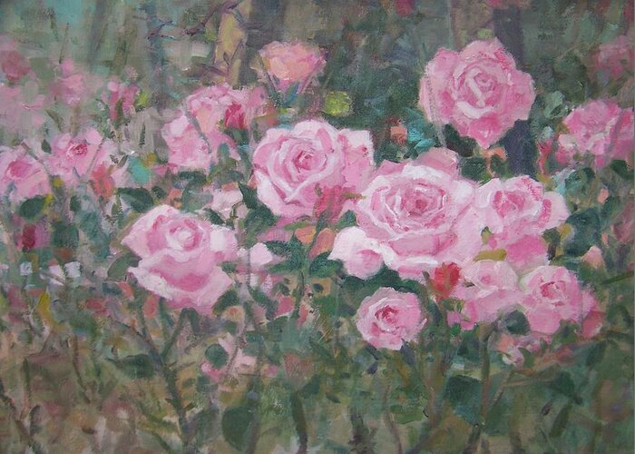  Roses Greeting Card featuring the painting Garden roses by Bart DeCeglie