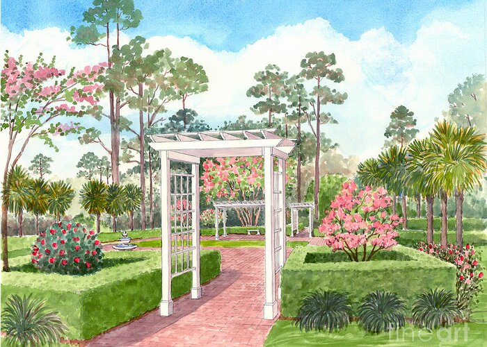 Garden Greeting Card featuring the painting Garden with Pergola by Audrey Peaty