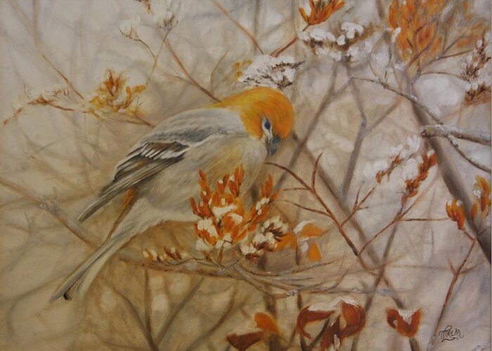 Pine Grosbeak Greeting Card featuring the painting Generous Provision by Tammy Taylor