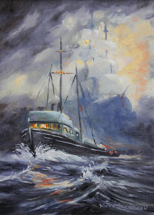 Fishing Boars Greeting Card featuring the painting Ghosts Of The Seas by Kurt Jacobson